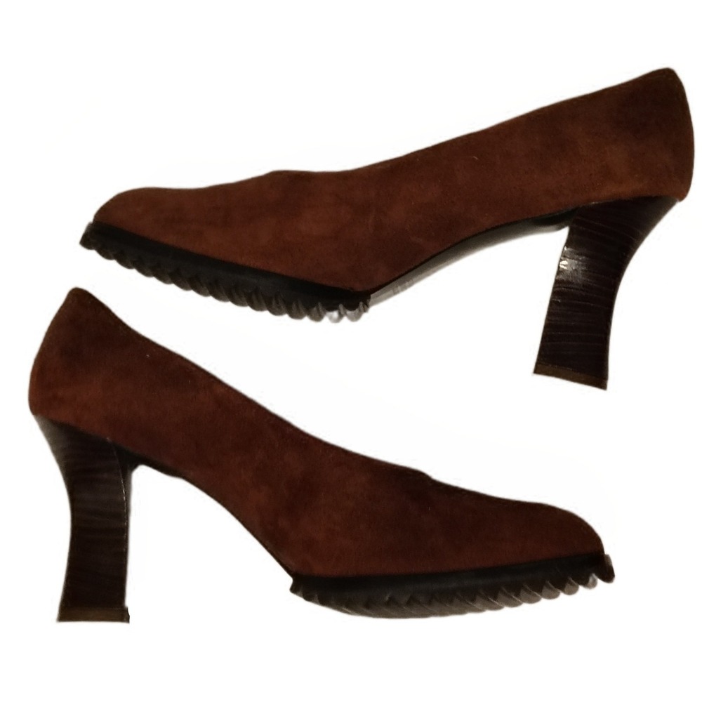 Vintage 90s Y2K Womens Brown Suede Leather Chunky Block Heels Pumps 10B Spain